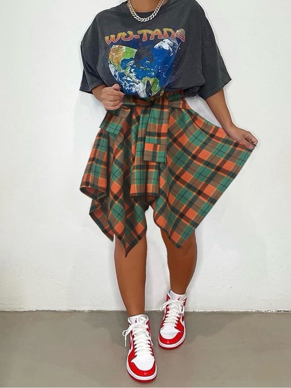 NWT 90’S ASYMMETRICAL FLANNEL TIE SKIRT, GREEN/ORANGE, 2XL